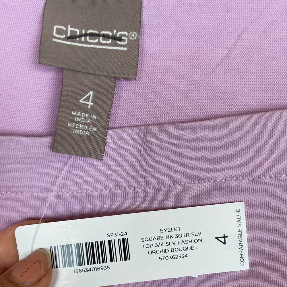 Chico's Eyelet 3/4 Sleeves Top Size 4 Us XXL Square Neck Scalloped Embroidered - Picture 7 of 8